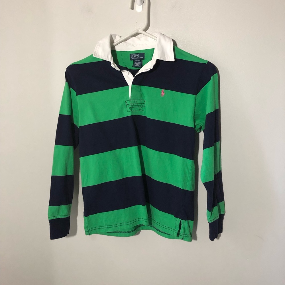 Polo Ralph Lauren kids M(10-12) green blue striped rugby shirt pink pony preppy